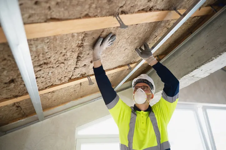Construction worker securing mineral wool insulation under a ceiling framework to enhance thermal efficiency and energy conservation.