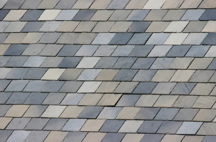 Close-up photo of natural, grey slate tiles on a rural house roof.
