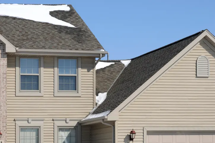Architectural detail of house with emphasis on roof area. This is a good image to illustrate the need for a good roof in the winter. It also shows the vynal siding very nicely. Please also look at these images: